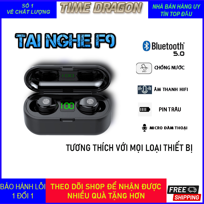 Tai nghe Bluetooth TWS F9 V5.0 cảm ứng phiên bản mới cao cấp pro tăng giảm âm lượng trên tai nghe - Hàng nhập khẩu