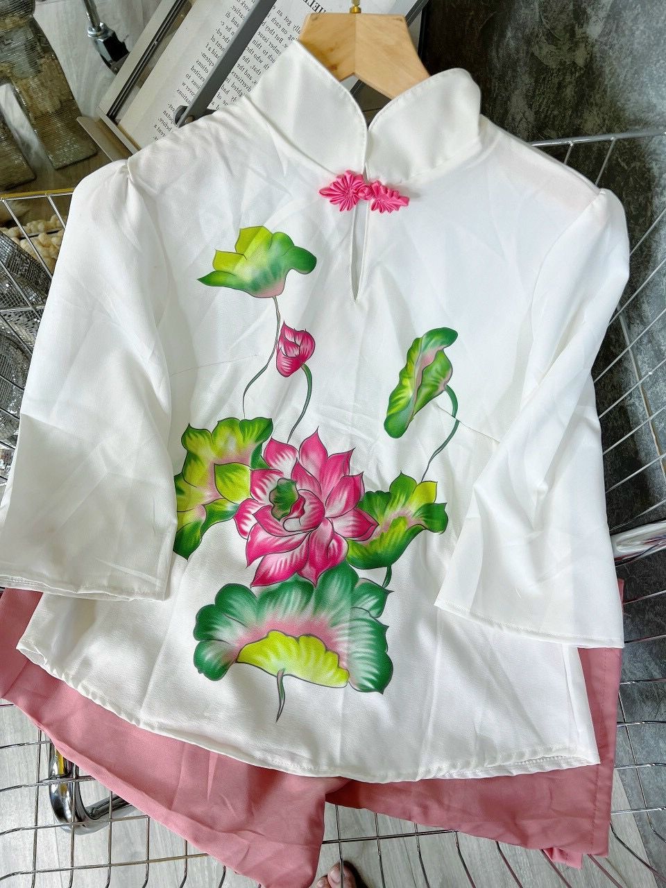 Sét bộ lam  thêu hoa sen-TH