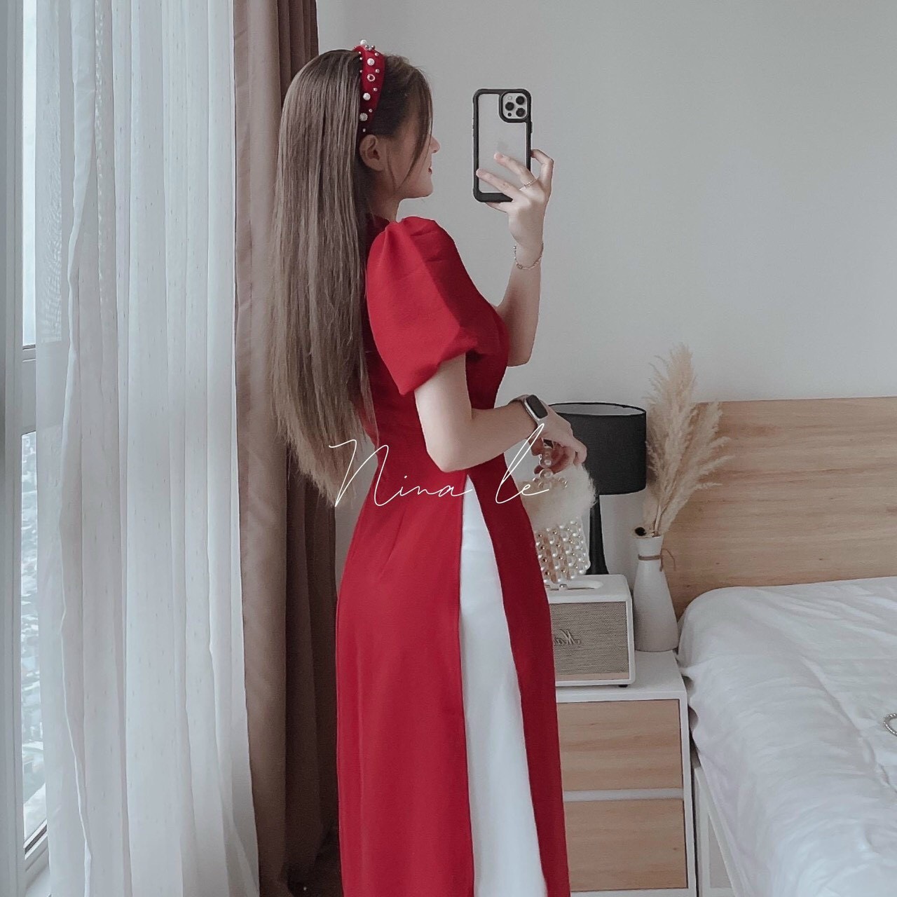 ÁO DÀI CÁCH TÂN ĐỎ LỤA NHUNG ĐÓN TẾT- KÈM QUẦN AD001