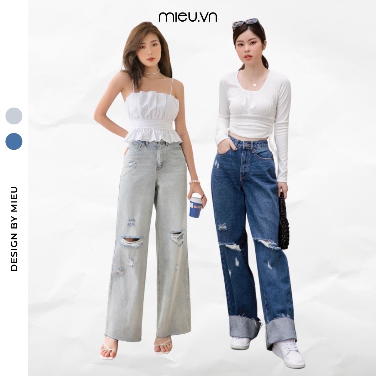 Quần jeans suông MIEU mài rách - HJN03 (Đậm/ Nhạt)