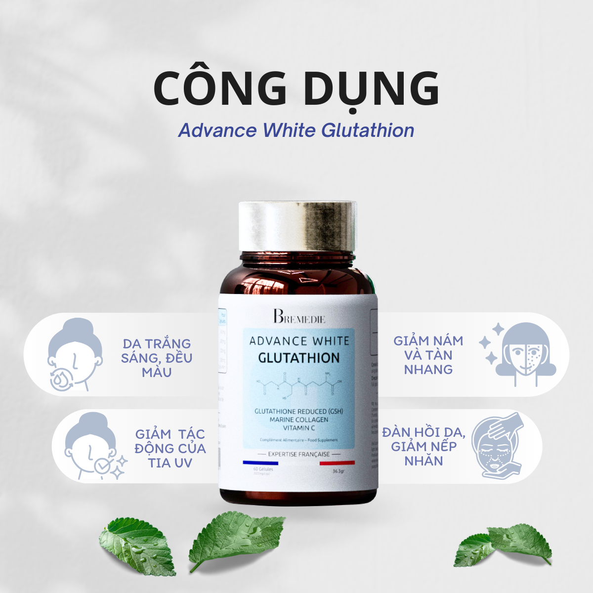 bremedie advance white glutathione Viên uống trắng da, giảm thâm nám Bremedie Advance White Glutathione 500mg  Hộp 60v, giúp da trắng sáng đều màu, giảm thâm nám tren da