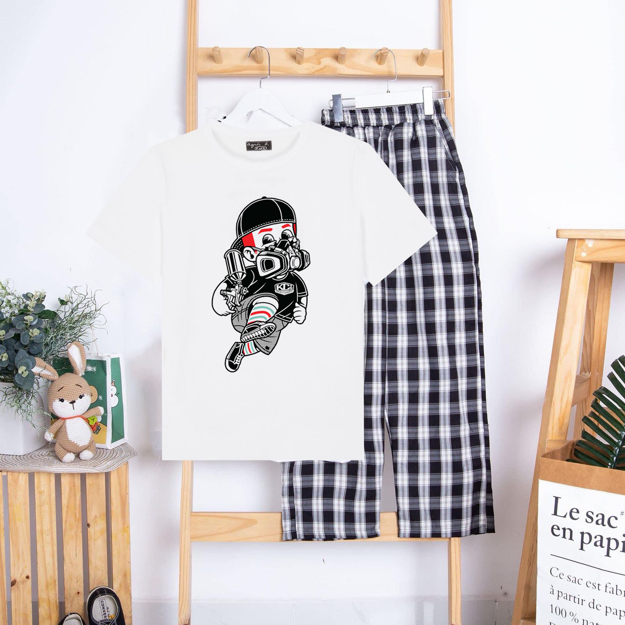 [PHÁ CÁCH 27] Mix Phối Sét Bộ Quần Áo Nữ Xinh Cute Mặc Đi Chơi Dạo Phố, Chất Liệu Áo Cotton Trắng Organic Ngắn Tay Cổ Tròn In Cậu Bé Đội Mũ Q Thô Kẻ Phong Cách Thời Trang Trẻ Hàn Quốc