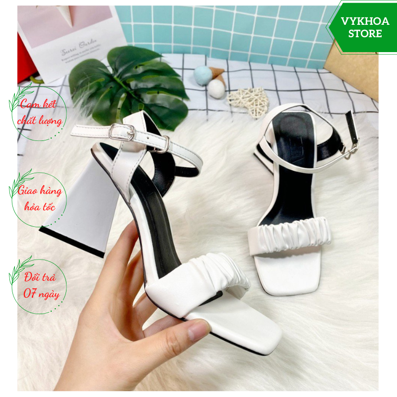 [ HOT HIT ] Giày Cao Gót Sandal Quai Ngang Thiết Kế Bèo Nhún Thời Trang Gót Trụ Cao 8p DGN7 VYKHOASTORE