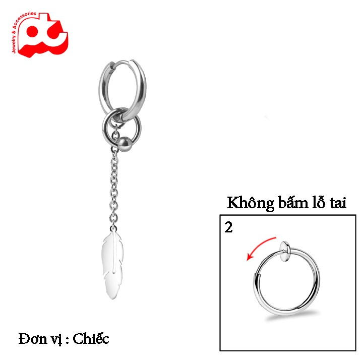 [Hoàn tiền 6%]Bông tai nam inox 1 chiếc kpop kiểu lông vũ khoen không bấm lỗ tai trangsucpt thời trang màu trắng thép không gỉ PTBTNA04