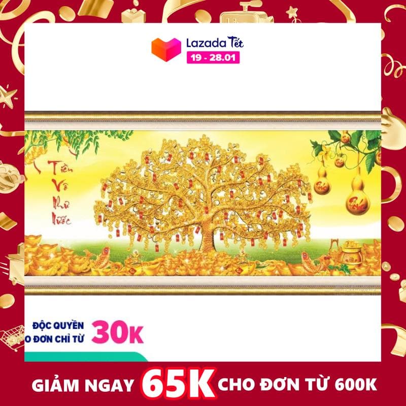 [HCM]Tranh thêu chữ thập Vinh Hoa Phú Quý - cây thỏi vàng 53530 kích thước 122 x 55 cm