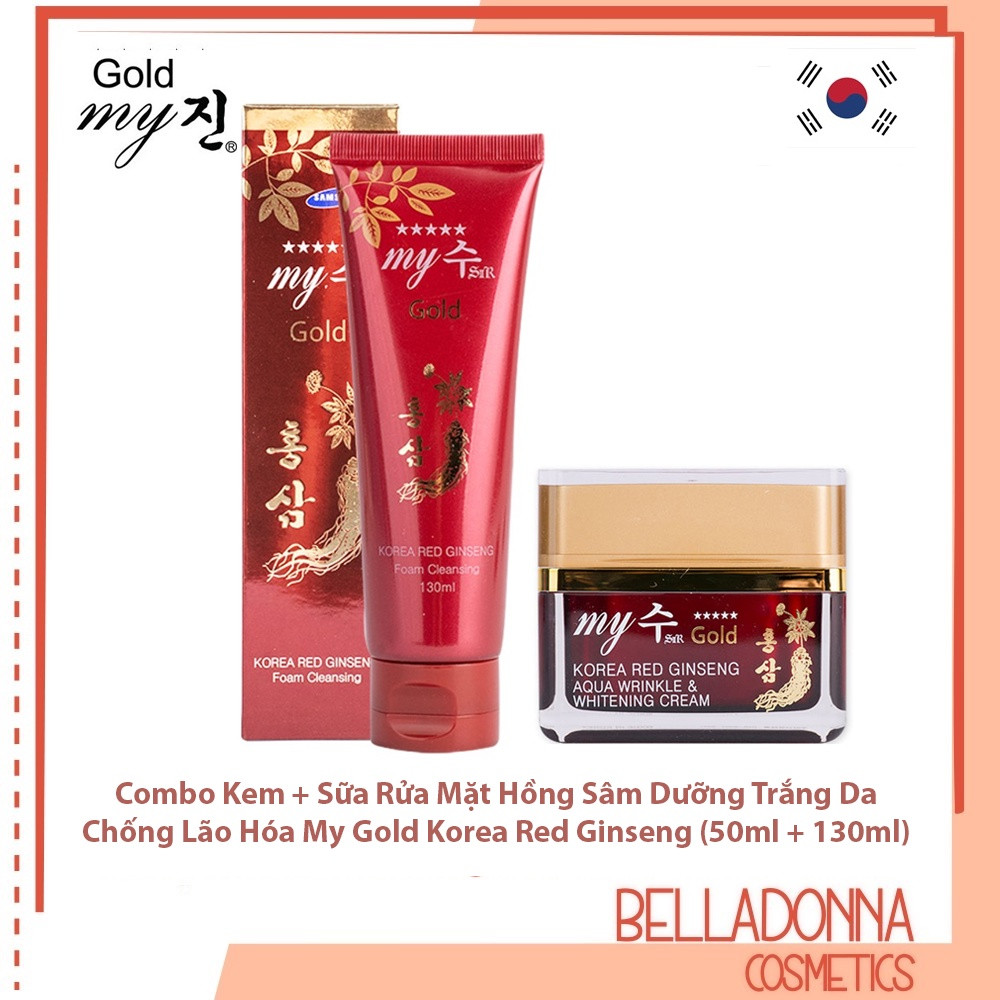 Combo Kem dưỡng trắng da chống lão hóa My gold Korea Red Ginseng Aqua Wrinkle Whitening Cream 50ml + Sữa rửa mặt hồng sâm đỏ My Gold Korea Red Ginseng Foam Cleanser 130ml