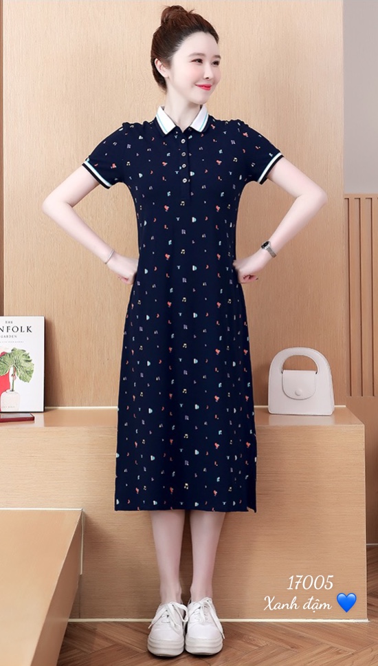 Đầm polo bigsize hoạ tiết xanh đậm 17005