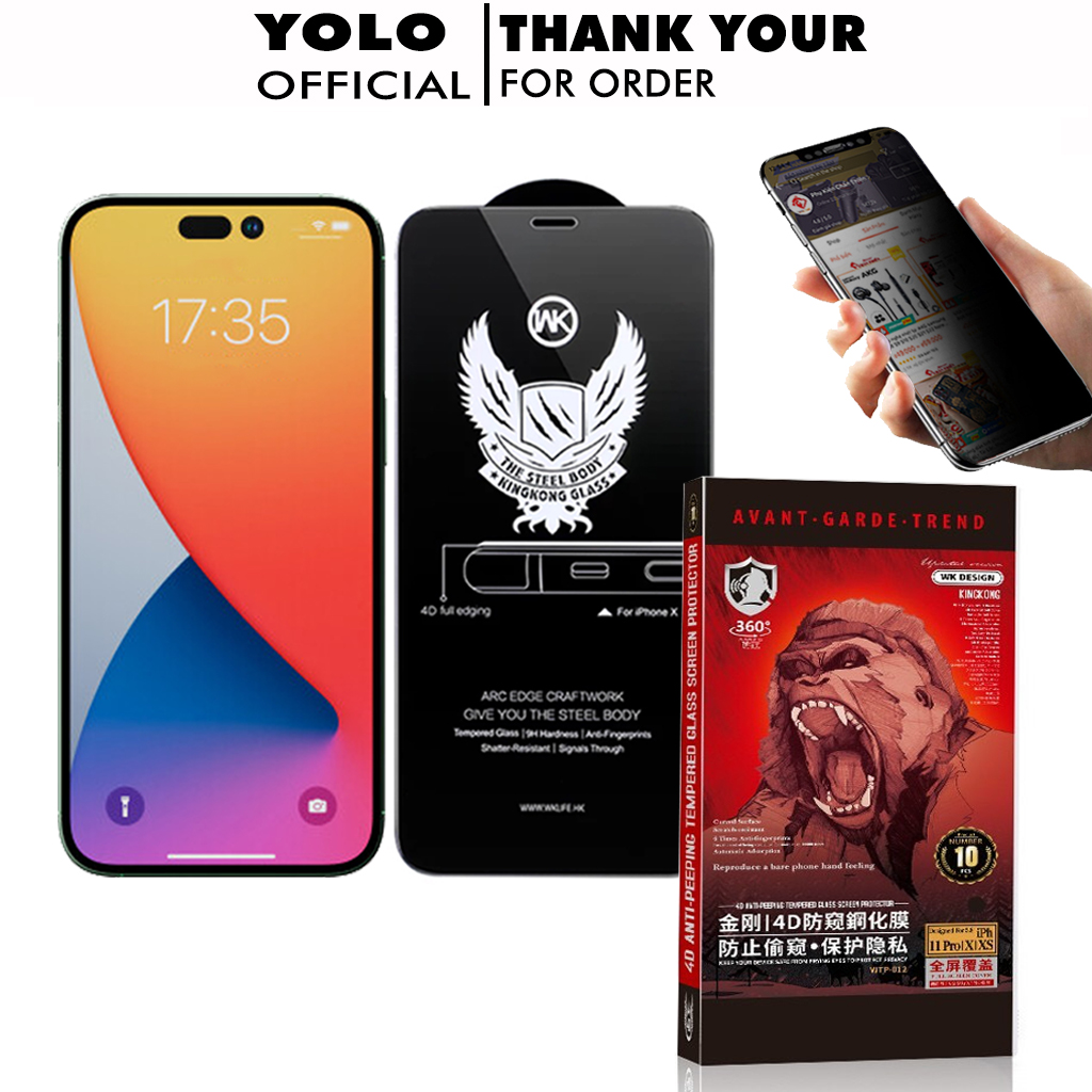Kính cường lực chống nhìn trộm iphone 15 15+ 15Pro 15Promax 14 pro max xs max xs xr x 7 8 plus 11 pro 13 12 promax kingkong wk 4d không có hộp