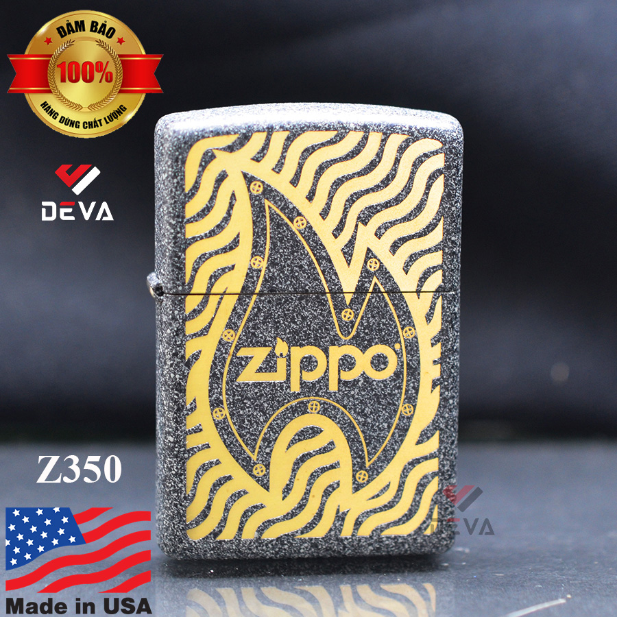Zippo 350 - Bật lửa xăng mạ Chrome kiểu Engine Turned, chống gió, kích thước 5.6x3.9x1.2cm