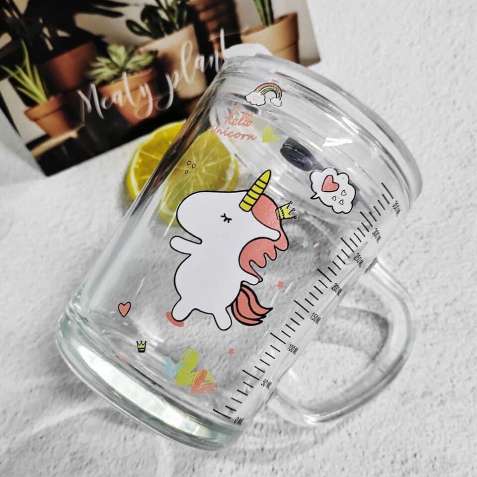 Cốc pha sữa chia vạch - Cốc nước thủy tinh có vạch ml kèm nắp đậy chắc chắn và ống hút - Cốc nước thủy tinh có tay cầm dễ thương sử dụng hàng ngày
