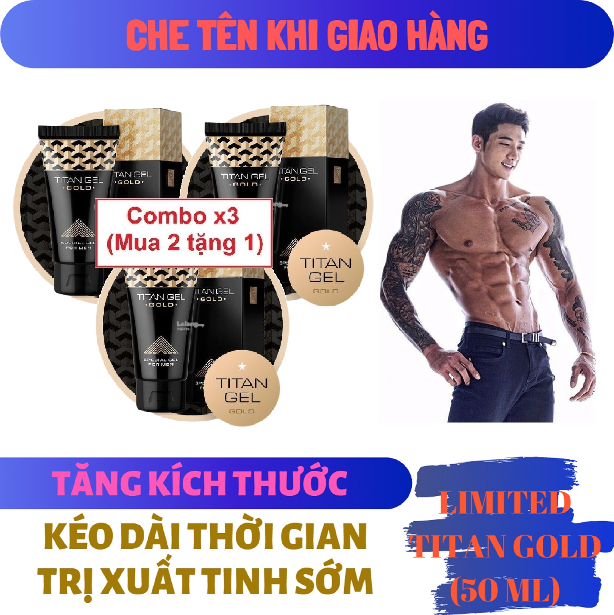 Combo x3 (Mua 2 tặng 1) (Lô mới nhất) Titan Gel Nga GOLD cao cấp phiên bản giới hạn - Gel dành cho nam - hàng chính hãng - tăng kích thước cho cậu bé (Che tên khi giao hàng)