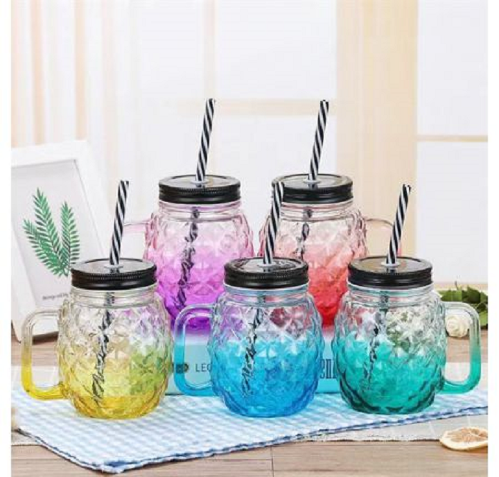 Cốc thủy tinh quả dứa 500ml kèm ống hút