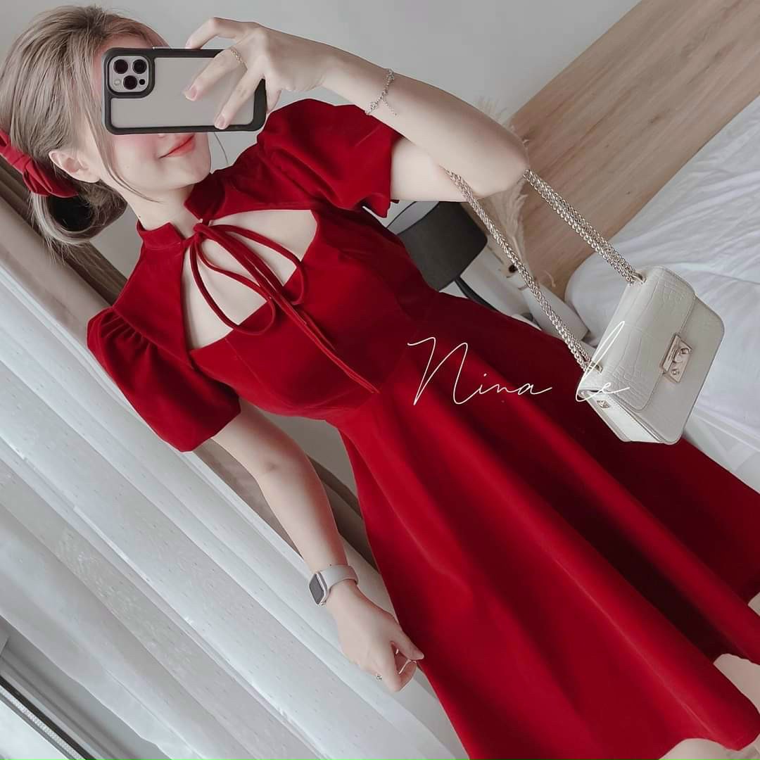 đầm xòe cổ cột nơ xinh xắn