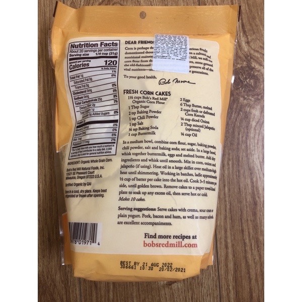 624gr bột bắp hữu cơ Bob's red mill