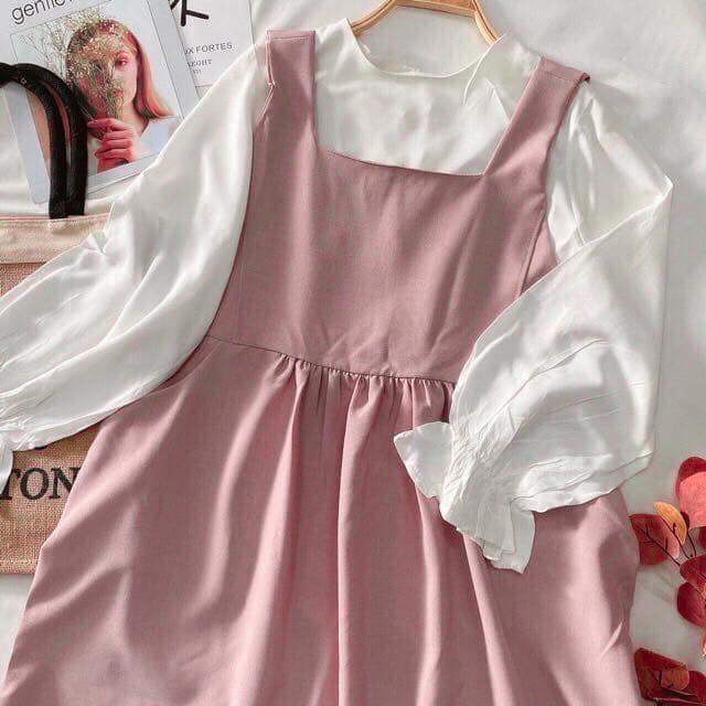 Set Đầm Yếm Hồng kèm áo tay bo