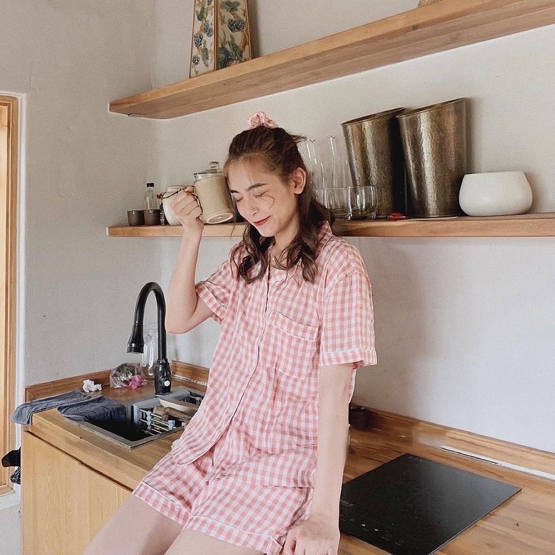 Bộ đồ ngủ pizama Kẻ Caro tay ngắn nhiều màu chất Kate thái xinh xắn dễ thương