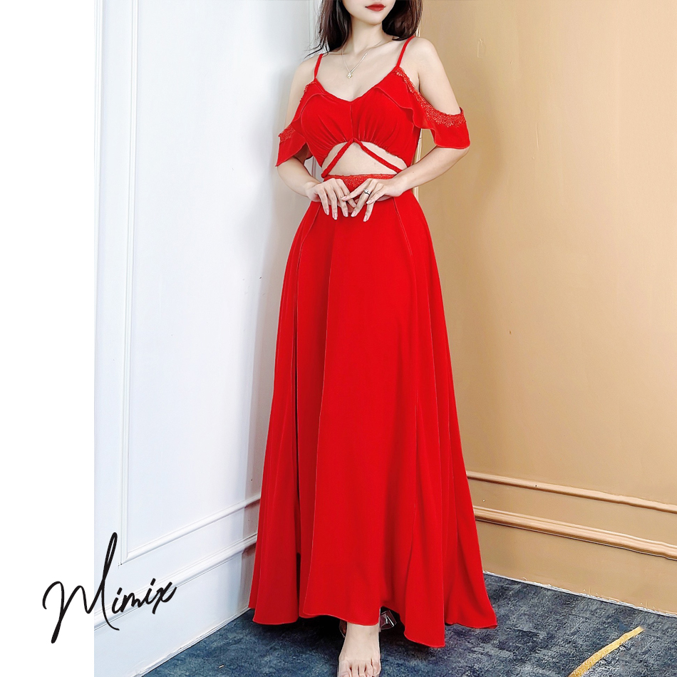 Đầm maxi nữ trơn rớt vai phối ren MIMIX CO8260