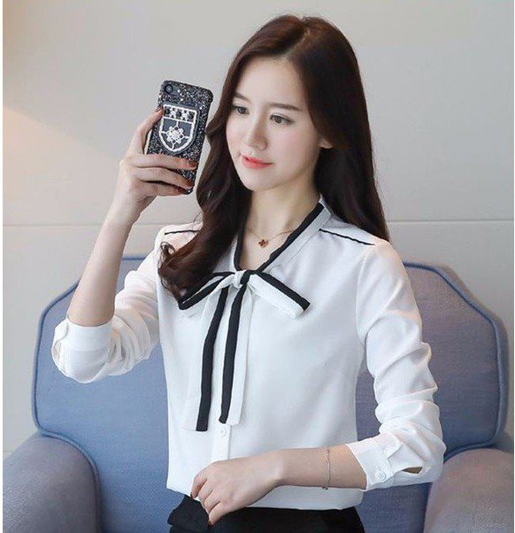 Áo Sơ Mi Phối Màu Kèm Nơ Cổ Tay Dài   (KÈM QUÀ TẶNG)