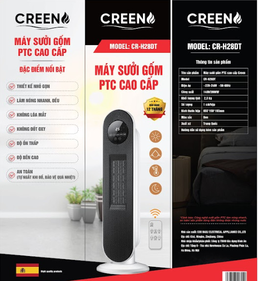 Máy sưởi gốm PTC cao cấp, máy sưởi gốm Creen bảo hành 12 tháng