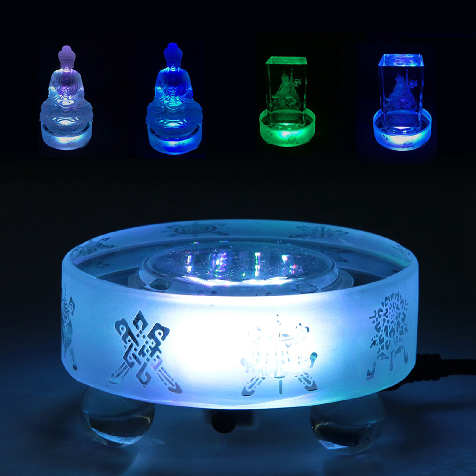 Beautiful Pattern Mini Crystal LED Light Base Buddha Display Stand Holder Home Decor