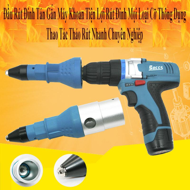 Đầu gắn máy khoan, dùng rút đinh tán, đinh rive siêu tiện dụng. Sử dụng rút đinh tán với mọi loại cỡ thông dụng.Có 4 cỡ đường kính chuôi đinh tán nhôm phổ. BẢO HÀNH BỞI LUCKY STORE SG.