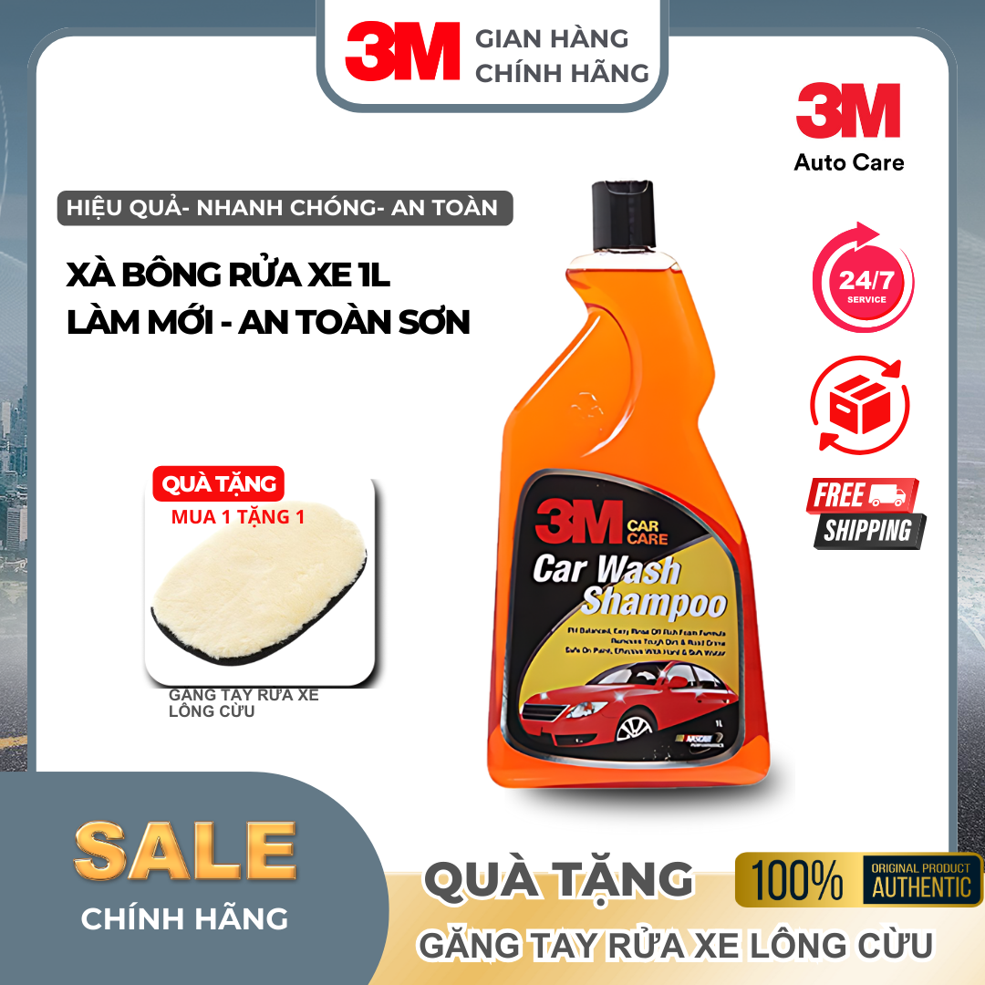[ Tặng găng tay lông cừu rửa xe] Xà Bông Rửa Xe Đậm Đặc - pH Cân Bằng, Tạo Nhiều Bọt 3M™ Car Wash Shampoo 1L 305860 - Tỷ lệ pha 1:80