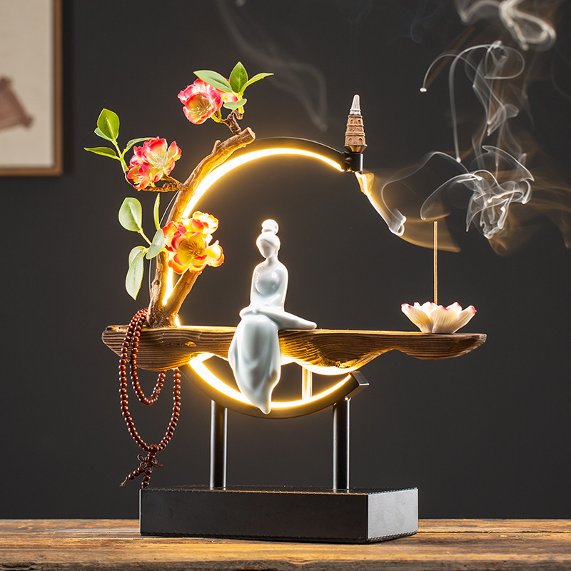 Bộ đế gỗ đèn led thác khói để đặt tượng (Đã kèm tượng)