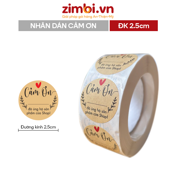 Nhãn dán Cảm Ơn Tiếng Việt | Giấy kraft đường kính 25mm | Sticker Thank You dễ thương gói hàng, gói quà