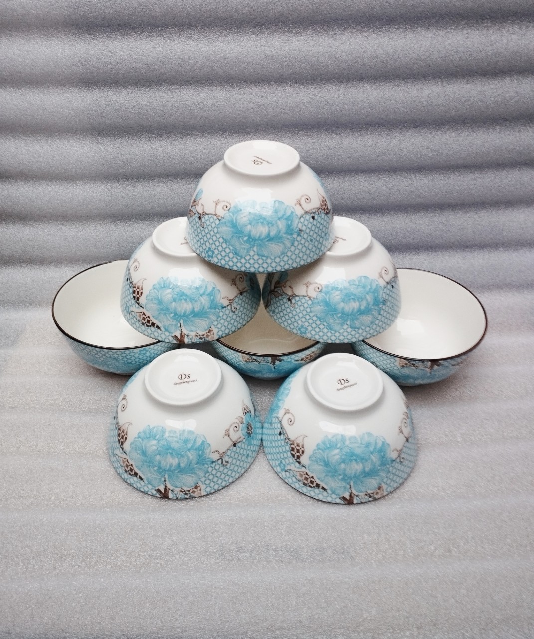 Combo 10 chén, 5 chén sứ hoa văn bông xanh 007 11cm, chén cơm trắng 11cm, chén chấm trắng