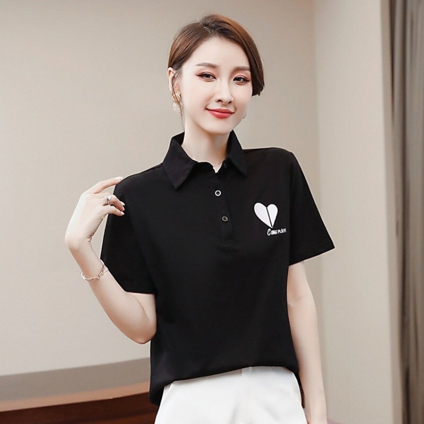 Áo thun nữ polo có cổ phối họa tiết trái tim thời trang PONIVALAZA cao cấp phong cách Hàn Quốc siêu xinh
