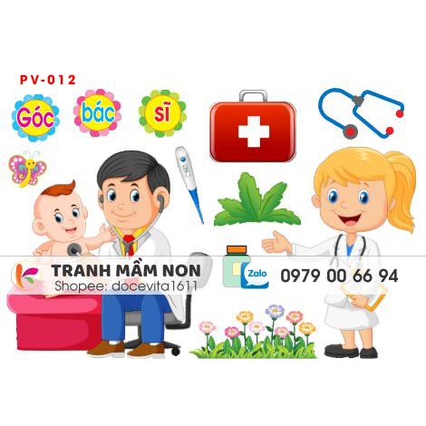 Decal mầm non-BÉ LÀM BÁC SĨ (GÓC PHÂN VAI) khổ to 127x80