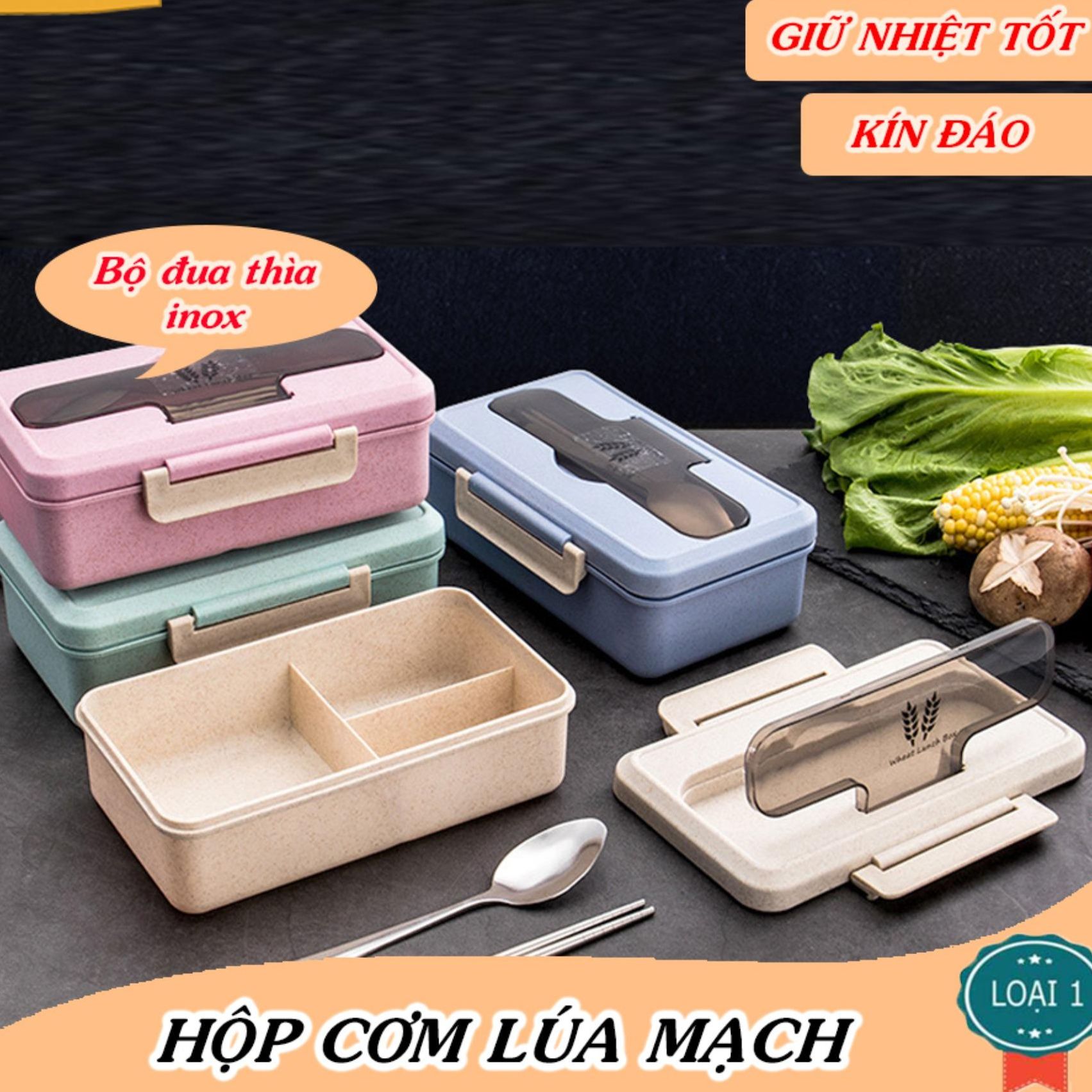 Hộp đựng cơm văn phòng - Hộp cơm lúa mạch 3 ngăn kèm muỗng, đũa ăn bằng inox - Camen Giữ Nhiệt 3 ngăn dùng được trong lò vi sóng