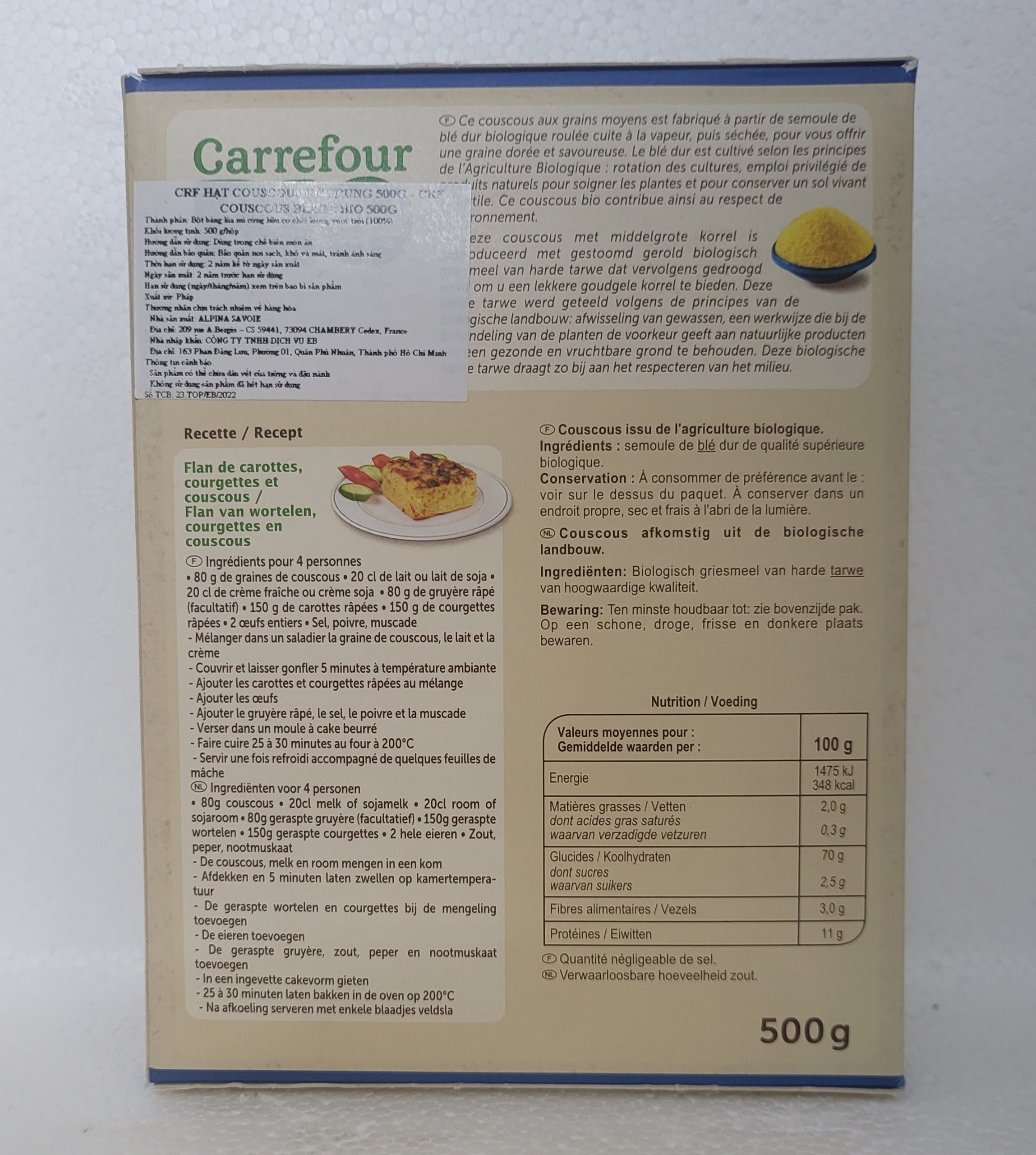 [Hộp 500g] HẠT LÚA MÌ CỨNG HỮU CƠ [France] CARREFOUR Bio CousCous (atp)
