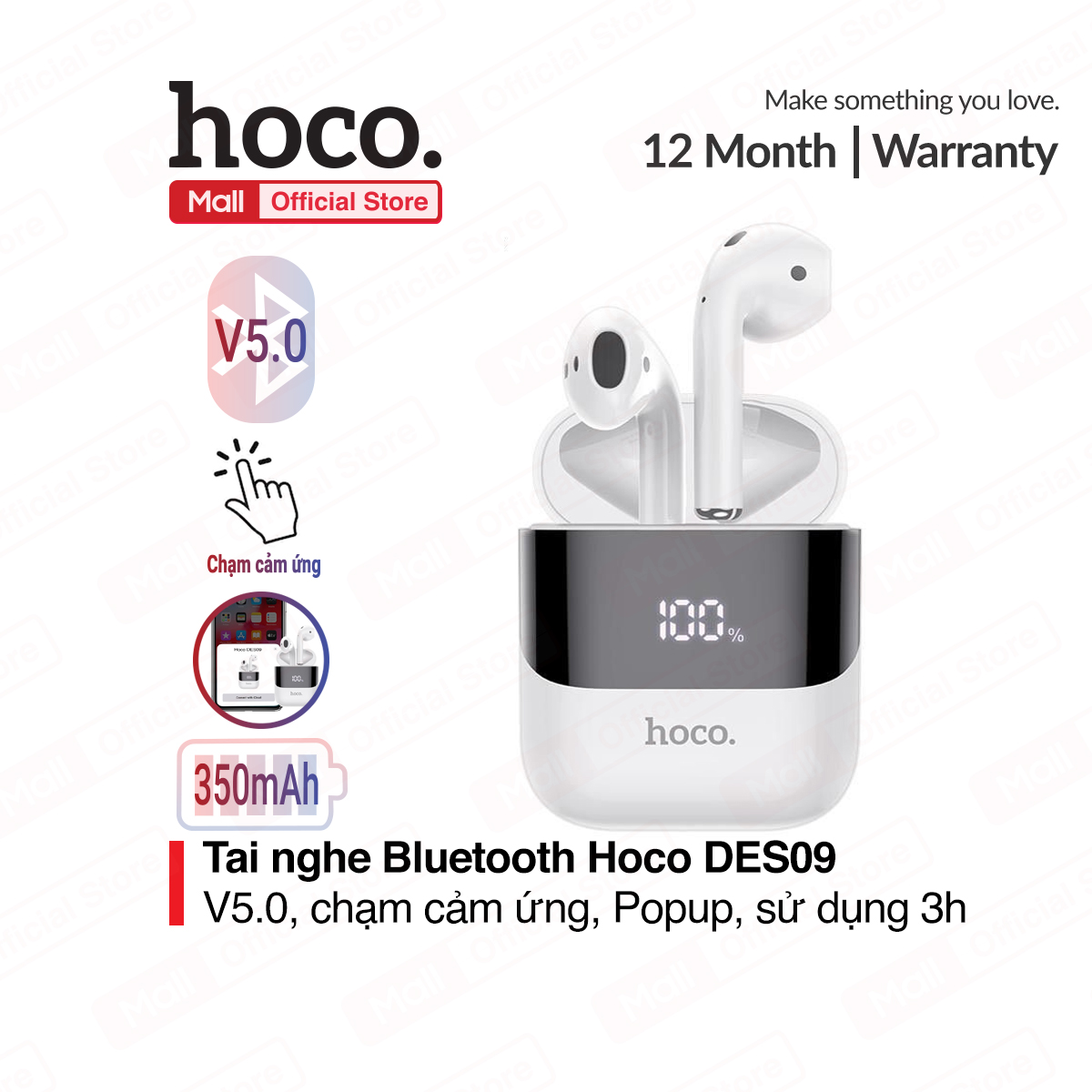Tai nghe bluetooth Hoco DES09 V5.0, dung lượng pin 350mAh, thời gian sử dụng 3h, chạm cảm ứng trên tai, dock có LED hiển thị pin