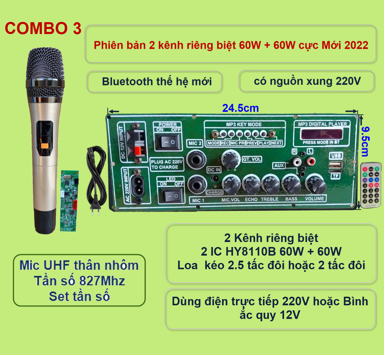 Mạch loa kéo 2 kênh riêng biệt 2 IC HY8110B 60W + 60W có nguồn xung 220V – Bluetooth thế hệ mới kèm micro đơn