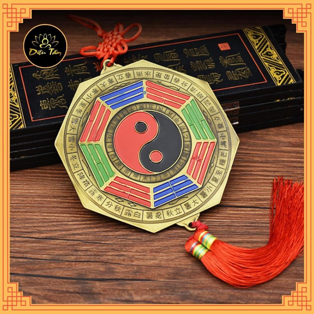 Gương Bát quái âm dương mặt sau hổ phù gương bát quái phong thủy có dây treo tâm kết