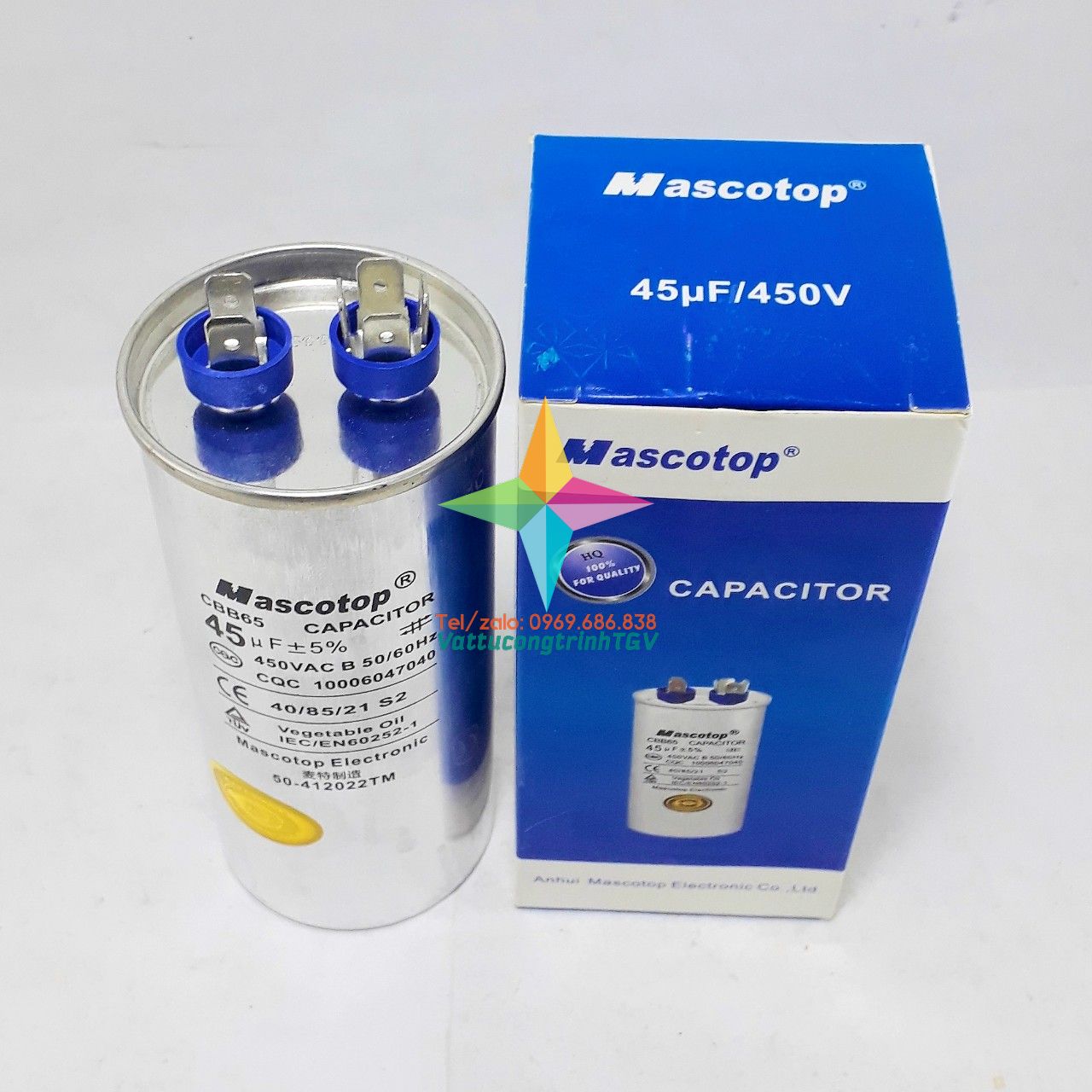 Tụ điều hòa MASCOTOP kiểu CBB65 loại 45uF+5% - Tụ 2 chân/ 3 chân