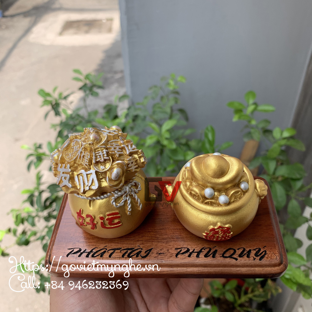 Combo 2 tượng bao tiền phong thủy chiêu cầu tài lộc - Đế gỗ tự nhiên - Cao 7cm
