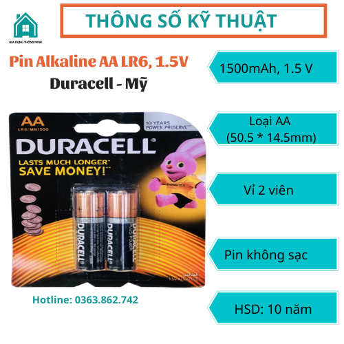 Pin tiểu Duracell Alkaline AA RL6, 1.5V (vỉ 2 viên)
