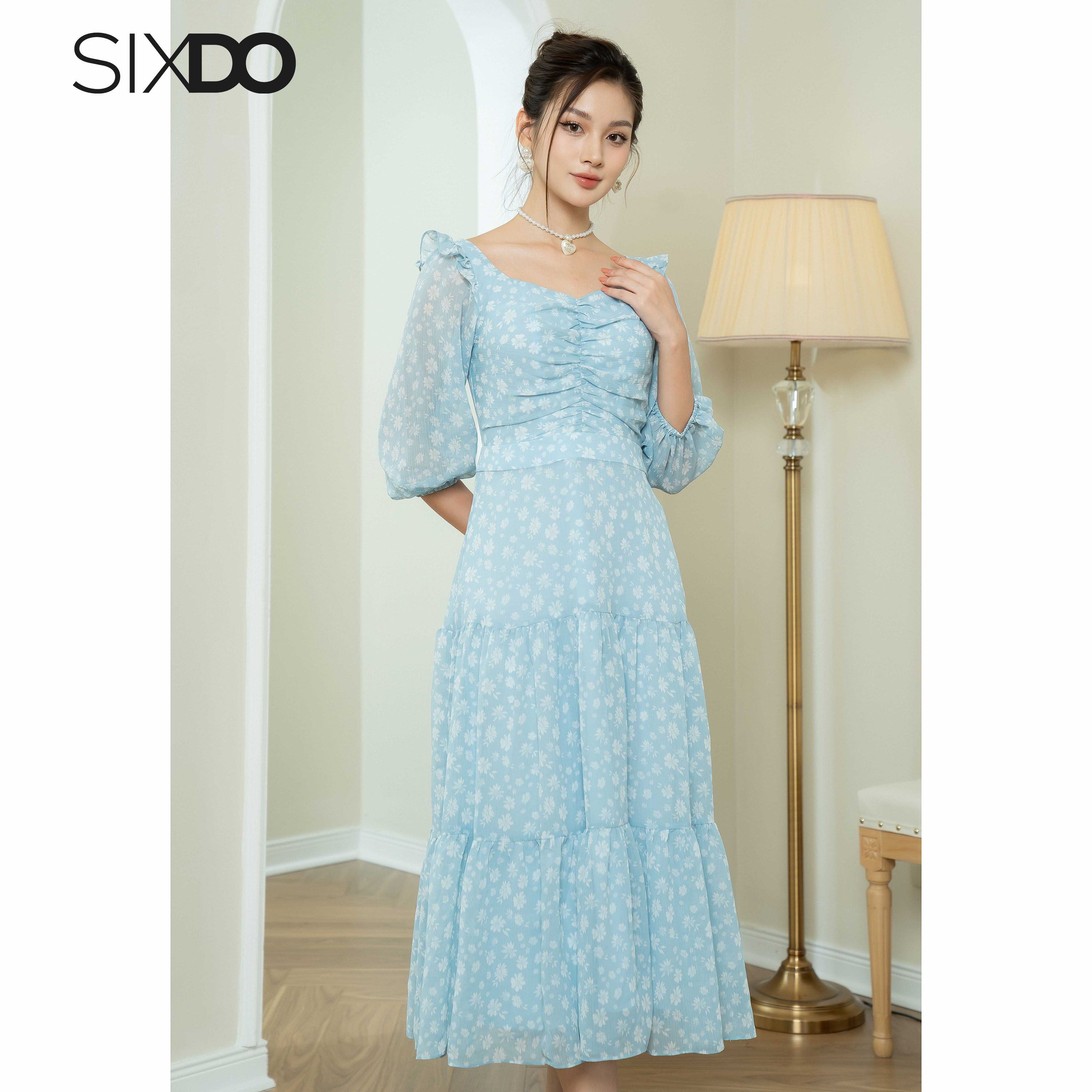 Đầm voan hoa tay phồng SIXDO (Floral Midi Voile Dress)