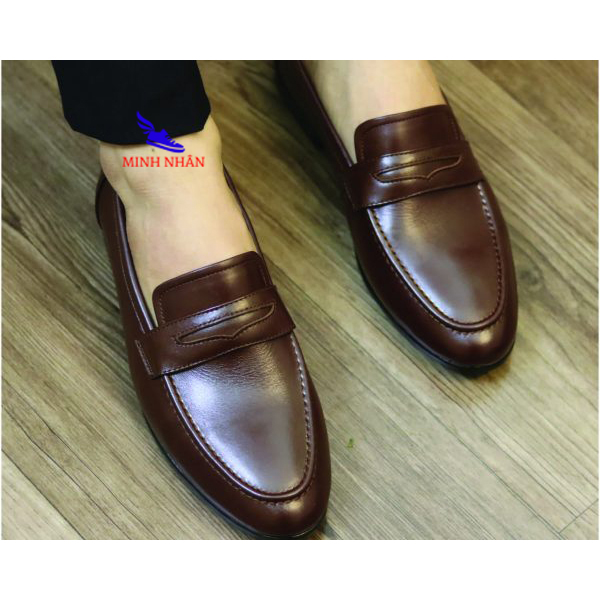 Minh Nhân - Giày Tây nam da bò Giày lười công sở nam trơn đơn giản da bò Giày xỏ đi ô nam da bò Mũi bo tròn Giày mũi ngắn kiểu đẹp hàng hiệu giá rẻ D-14 màu nâu