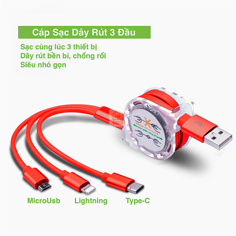 [HCM]Cáp sạc dây rút 3 đầu sạc iPhone Lightning | Micro USB | loại C Android màu đỏ