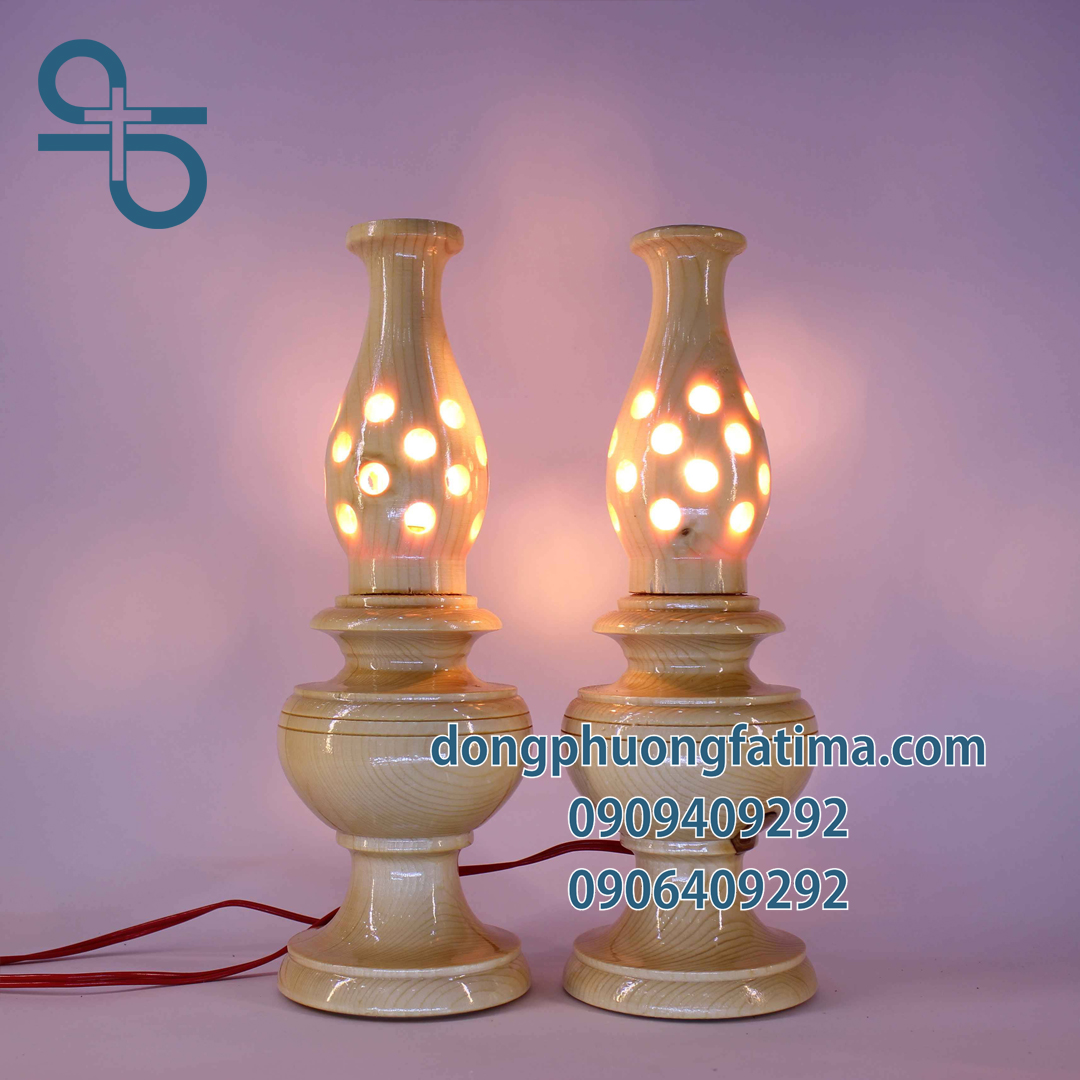 Đèn Bàn Thờ2 Cây Đèn Gỗ Thấp Bàn Thờ 26cm