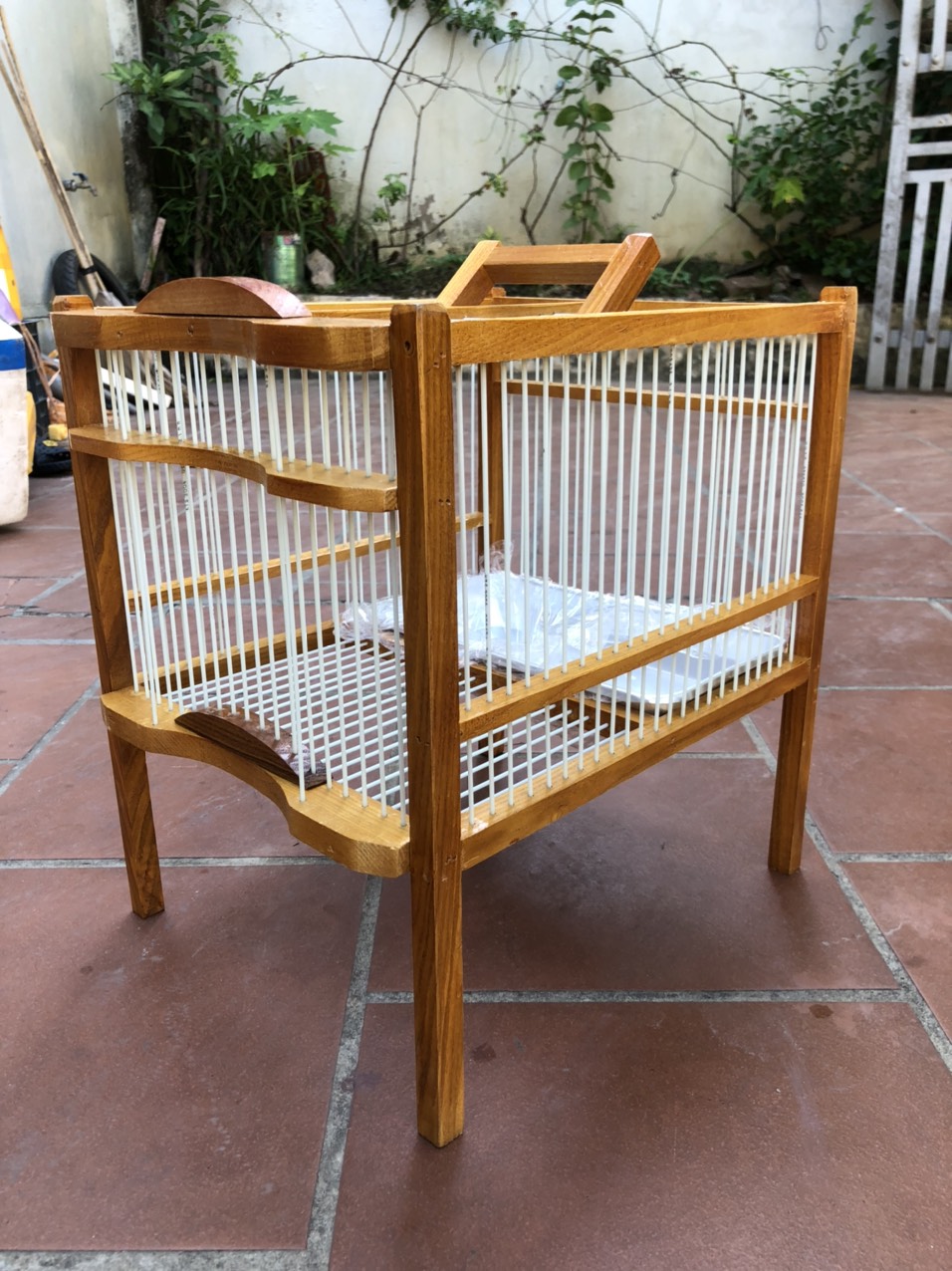 Lồng tắm chim chào mào,chích chòe,mi,khướu ,yến,khuyên gỗ vàng cao cấp nan cáp quang siêu đẹp 1 ngăn tặng kèm khay nhôm Lồng chim Kabosa