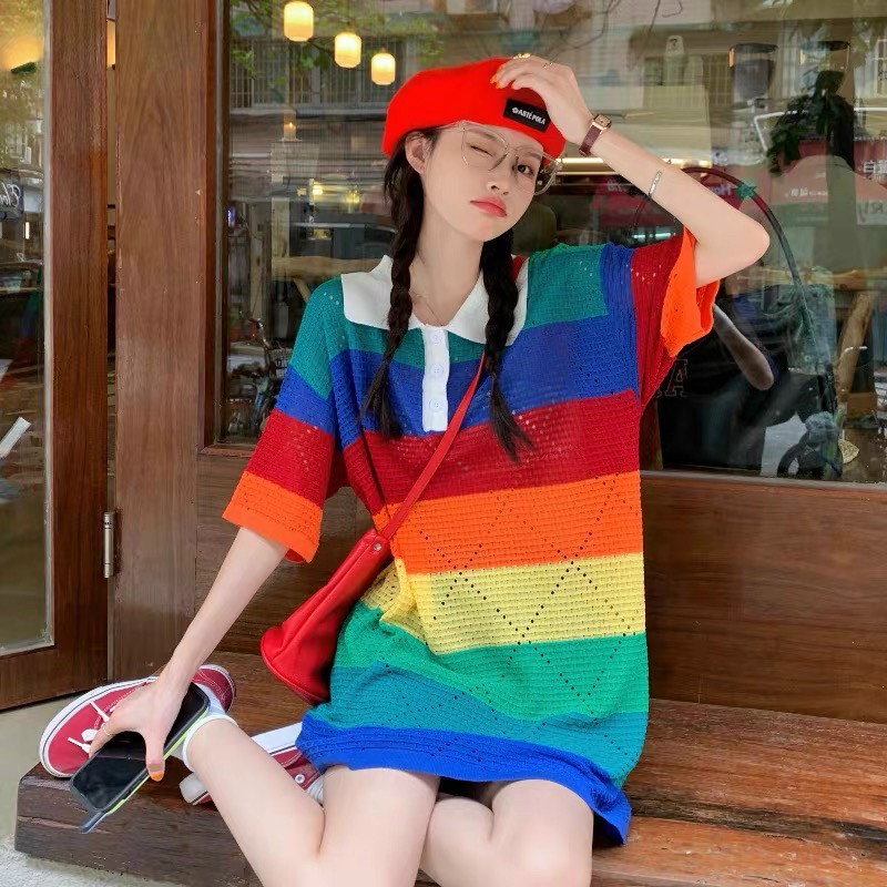 Áo len kẻ ngang vân trám oversize form thụng giấu quần