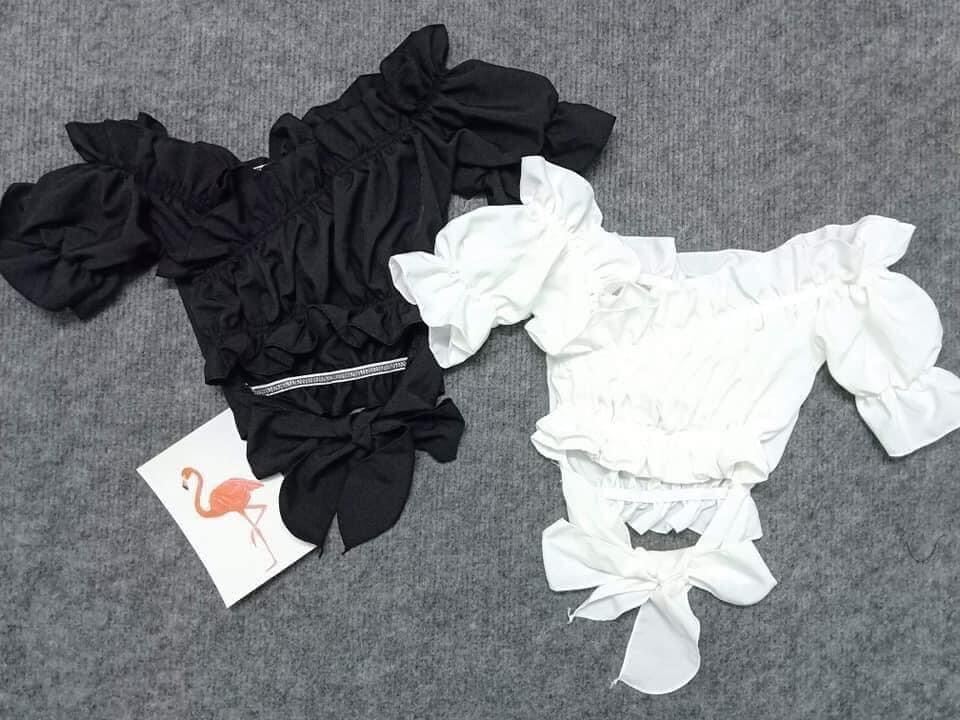 Set Jeans Dài Co Giãn Xanh Đậm Rách Ô + Áo Đắp Chéo Cột Eo