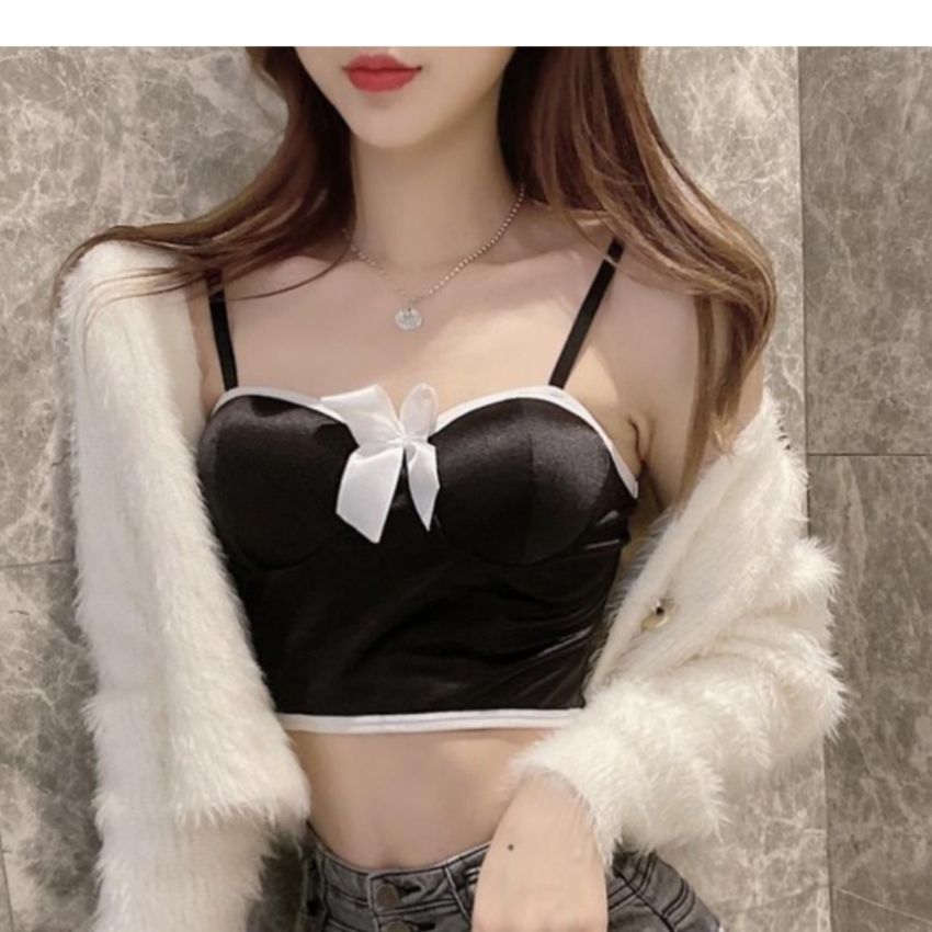 Áo bra 2 dây mảnh satin đính lụa cao cấp