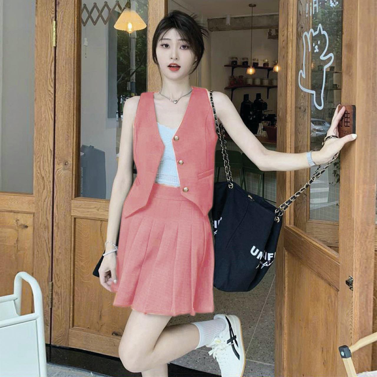 Set ghi lê quần short váy lưng thun áo sát nách