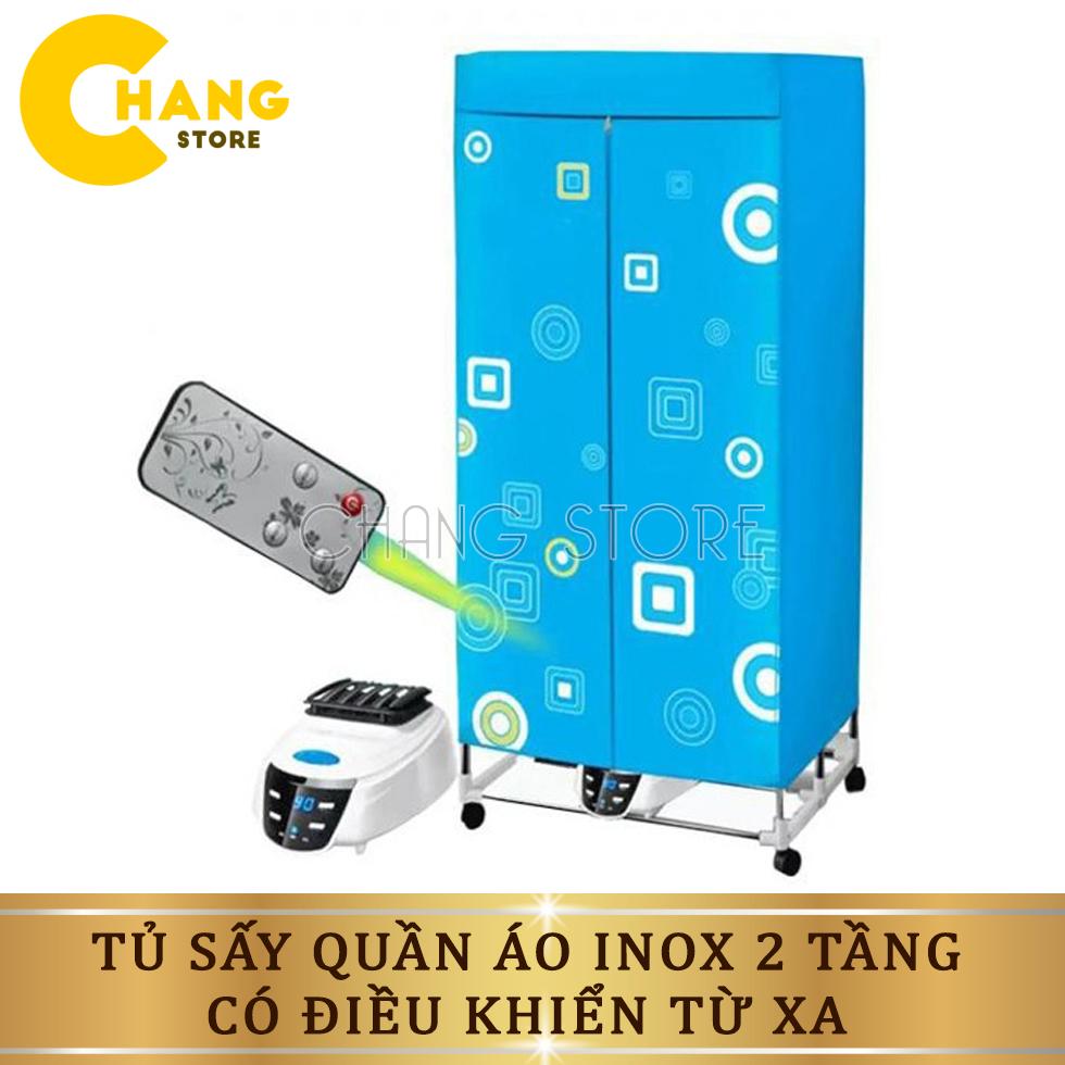 Tủ sấy quần áo khung inox 2 tầng có điều khiển từ xa  công nghệ quạt sấy 360 độ và thổi gió từ 3 hướng, chạy êm không gây ồn.