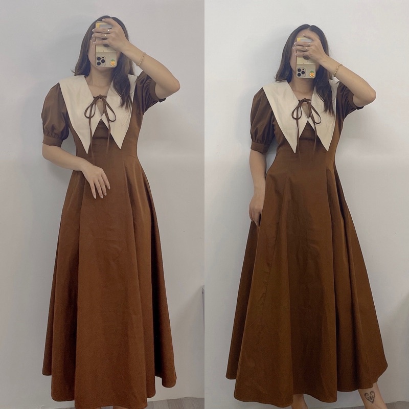 Đầm midi cổ trắng